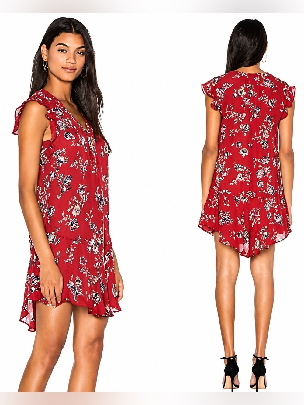 Joie Almarie B Tandoori Red Floral 100% Silk Mini Dress Medium Ruffle Sleeve